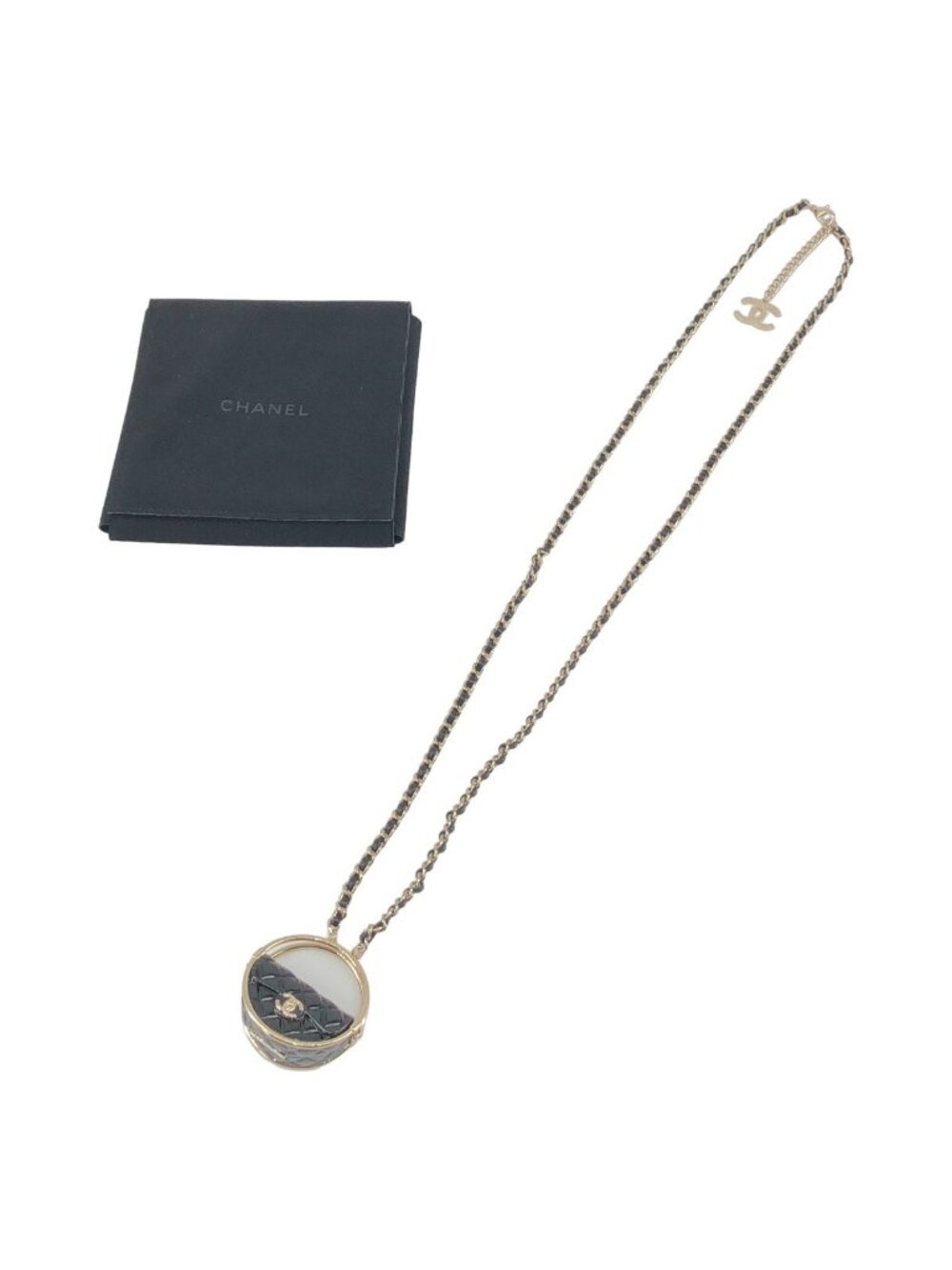 Chanel CC Logo Quilted Necklace with Mirror Black Gold